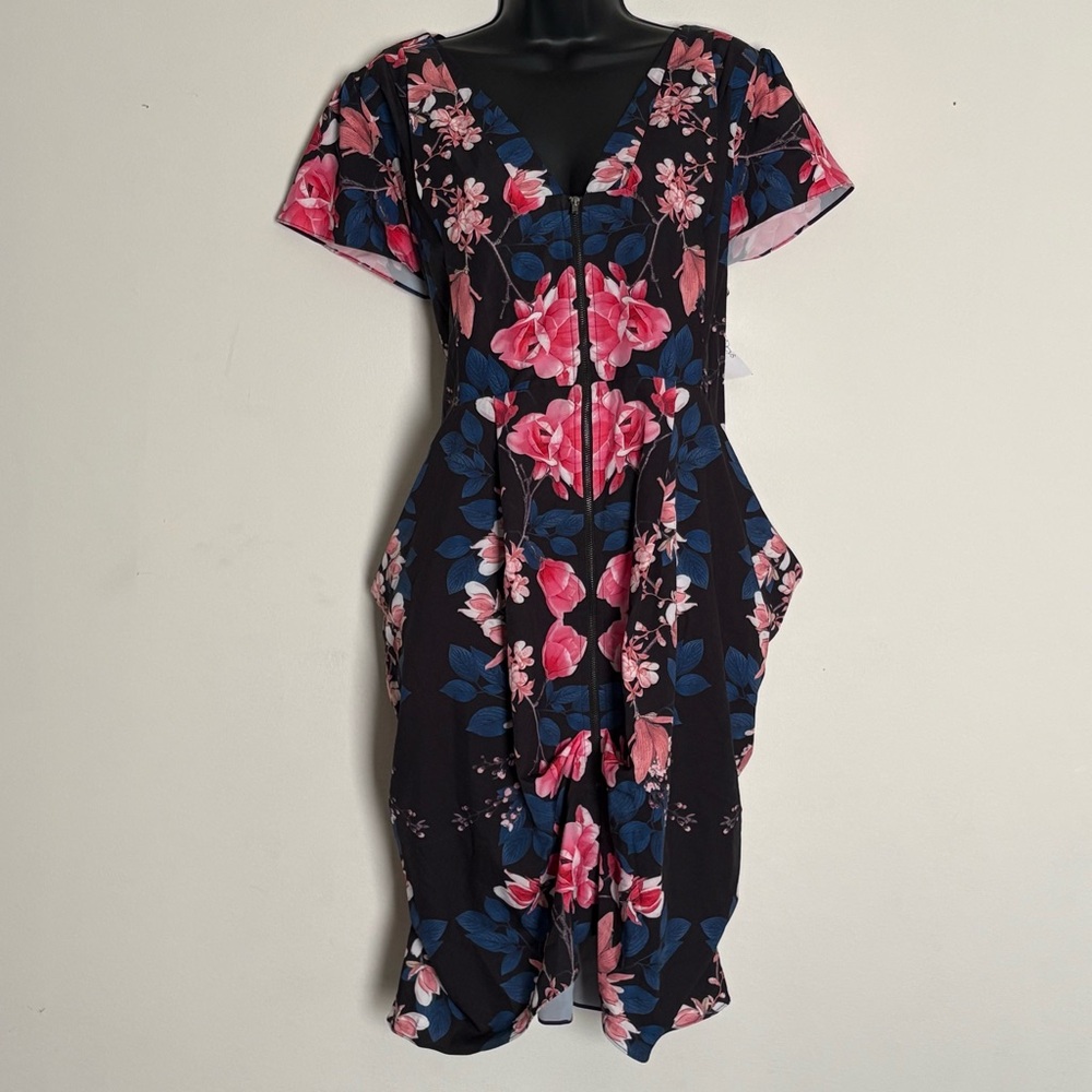 City Chic Black and Pink Floral Midi Dress